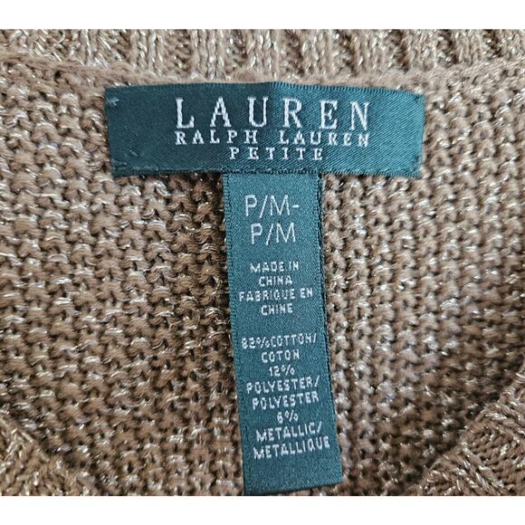 LAUREN RALPH LAUREN Petite PS PM Cable Knit Sweater Gold Metallic 3/4 Sleeve 34" - Picture 3 of 8